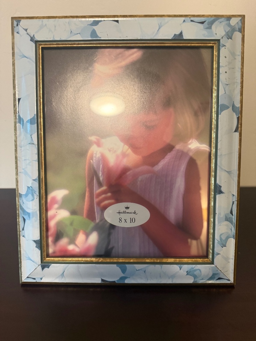 Vintage 1980s Hallmark 8x10 Picture Frame - Blue Pastel Floral with Gold Trim